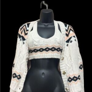 Cream and Black Cardigan with Balloon Sleeves and Geometric Patterns